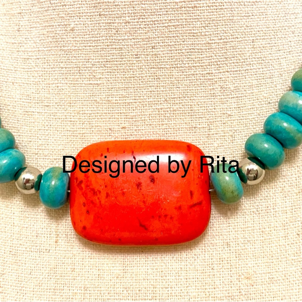 Genuine Turquoise and Coral Necklace. Designed by Rita. One of a Kind
